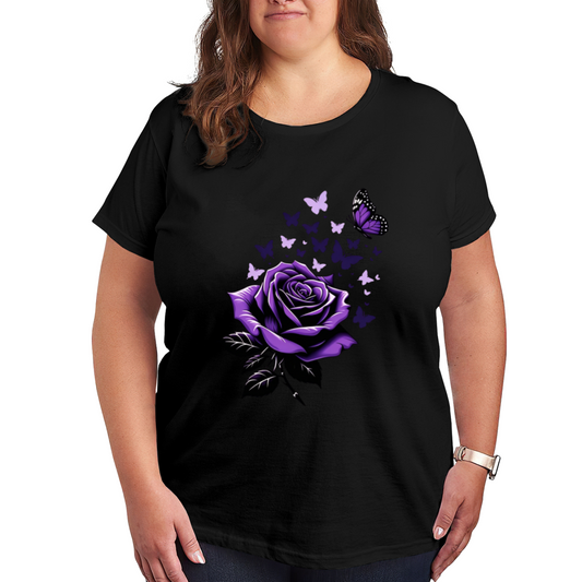 Deep Purple Rose & Delicate Purple Butterflies Aesthetic Print Plus Size Women Printed T-Shirt