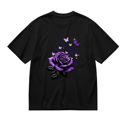 Deep Purple Rose & Delicate Purple Butterflies Aesthetic Print Plus Size Women Printed T-Shirt