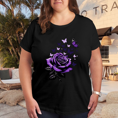 Deep Purple Rose & Delicate Purple Butterflies Aesthetic Print Plus Size Women Printed T-Shirt