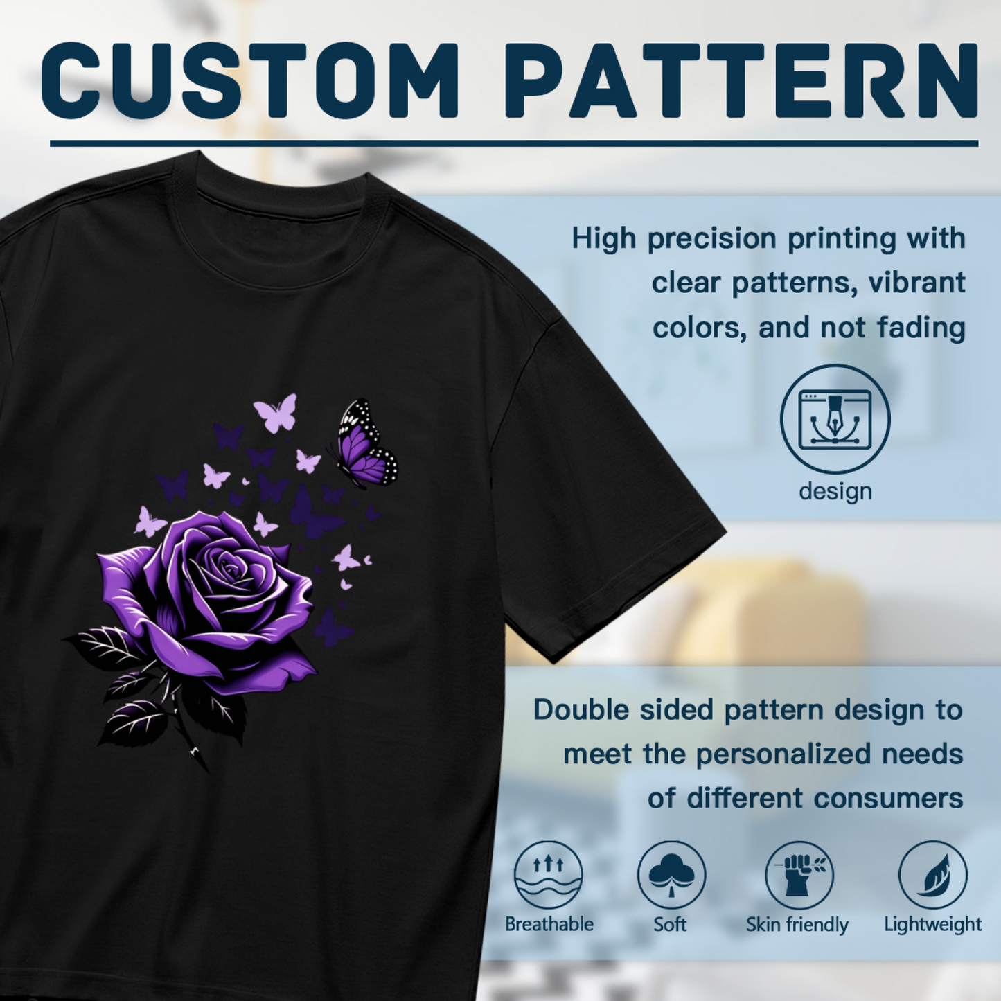 Deep Purple Rose & Delicate Purple Butterflies Aesthetic Print Plus Size Women Printed T-Shirt