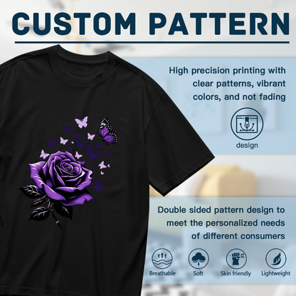 Deep Purple Rose & Delicate Purple Butterflies Aesthetic Print Plus Size Women Printed T-Shirt