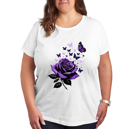 Deep Purple Rose & Delicate Purple Butterflies Aesthetic Print Plus Size Women Printed T-Shirt