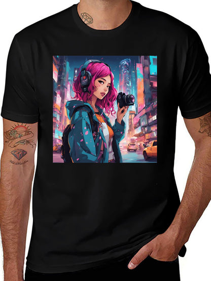 Anime Girl Photographer Black T-Shirt