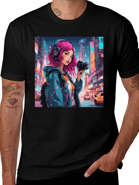 Anime Girl Photographer Black T-Shirt