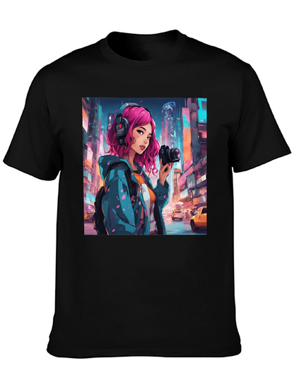 Anime Girl Photographer Black T-Shirt