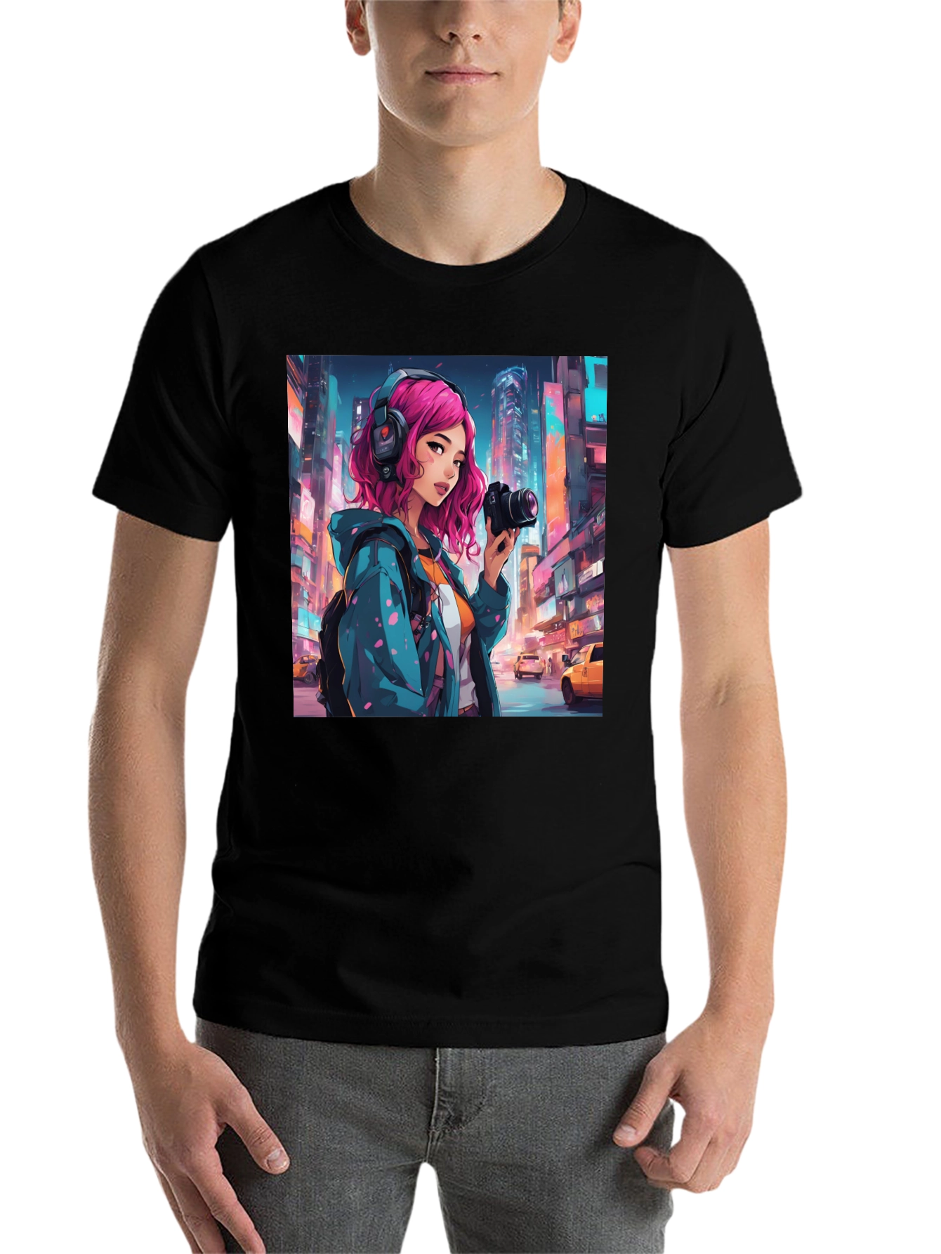 Anime Girl Photographer Black T-Shirt