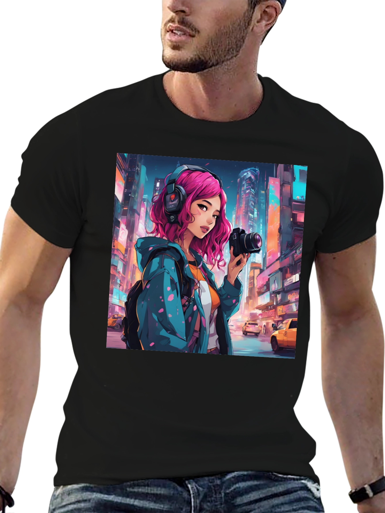 Anime Girl Photographer Black T-Shirt