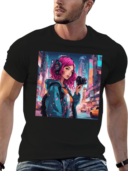 Anime Girl Photographer Black T-Shirt