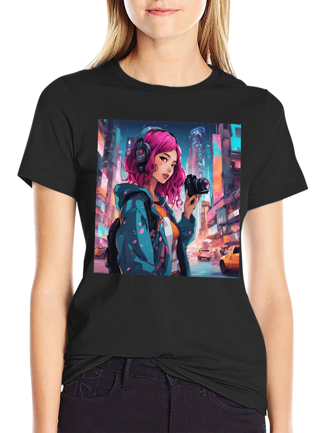 Anime Girl Photographer Black T-Shirt