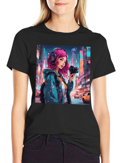 Anime Girl Photographer Black T-Shirt