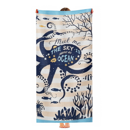 Retro Navy Octopus Ocean Quote Striped Beach Towel, All Size Versions Available, Plush Cozy Soft, Quick Dry & Strong Absorbency for Nautical Seaside Adventures