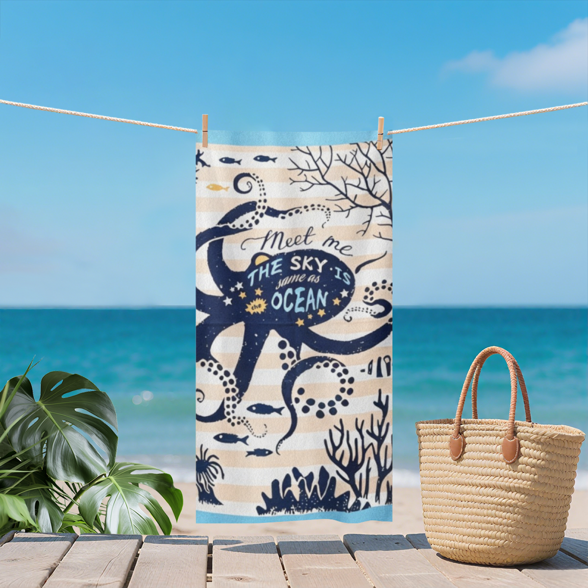 Retro Navy Octopus Ocean Quote Striped Beach Towel, All Size Versions Available, Plush Cozy Soft, Quick Dry & Strong Absorbency for Nautical Seaside Adventures