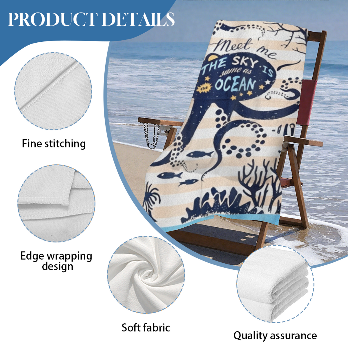 Retro Navy Octopus Ocean Quote Striped Beach Towel, All Size Versions Available, Plush Cozy Soft, Quick Dry & Strong Absorbency for Nautical Seaside Adventures