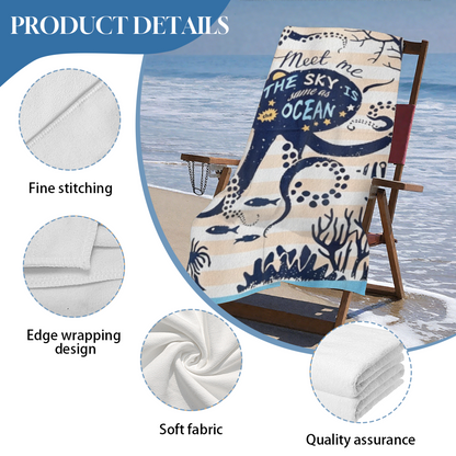 Retro Navy Octopus Ocean Quote Striped Beach Towel, All Size Versions Available, Plush Cozy Soft, Quick Dry & Strong Absorbency for Nautical Seaside Adventures