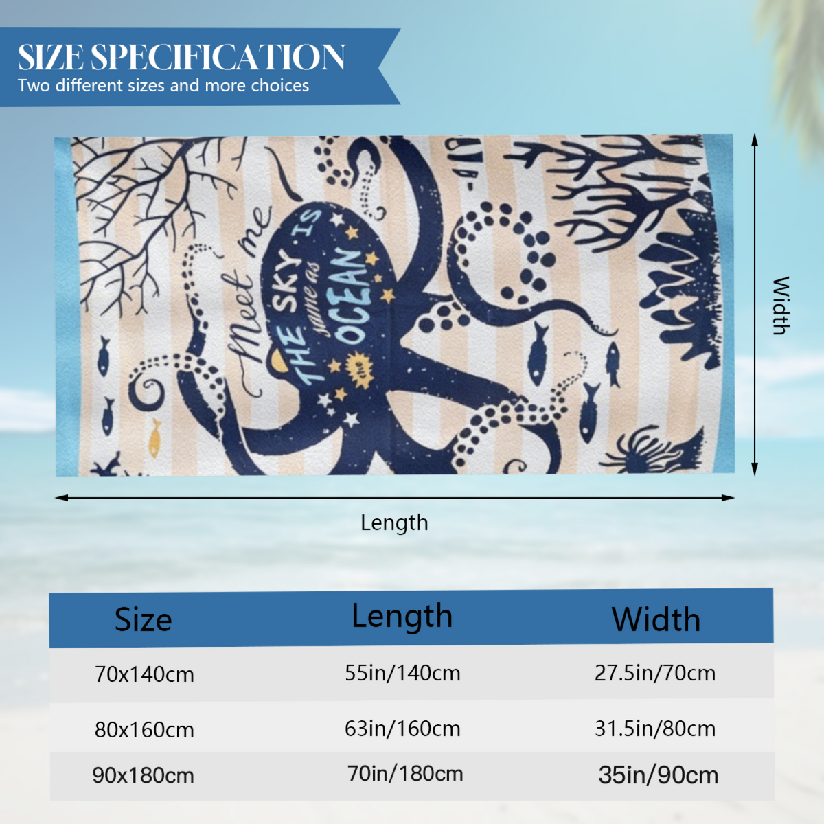 Retro Navy Octopus Ocean Quote Striped Beach Towel, All Size Versions Available, Plush Cozy Soft, Quick Dry & Strong Absorbency for Nautical Seaside Adventures