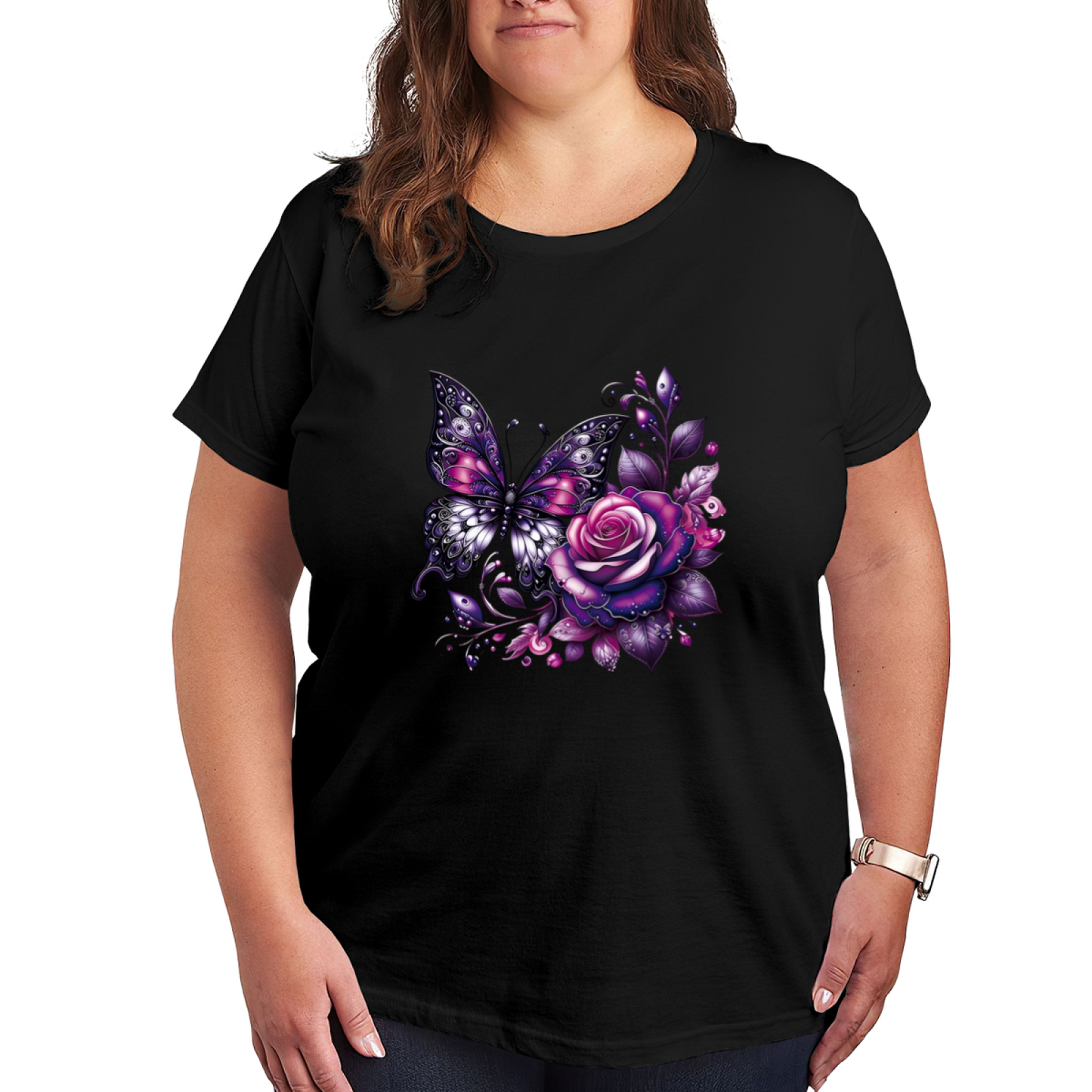 Gothic Purple Rose Butterfly Plus Size Women Tee