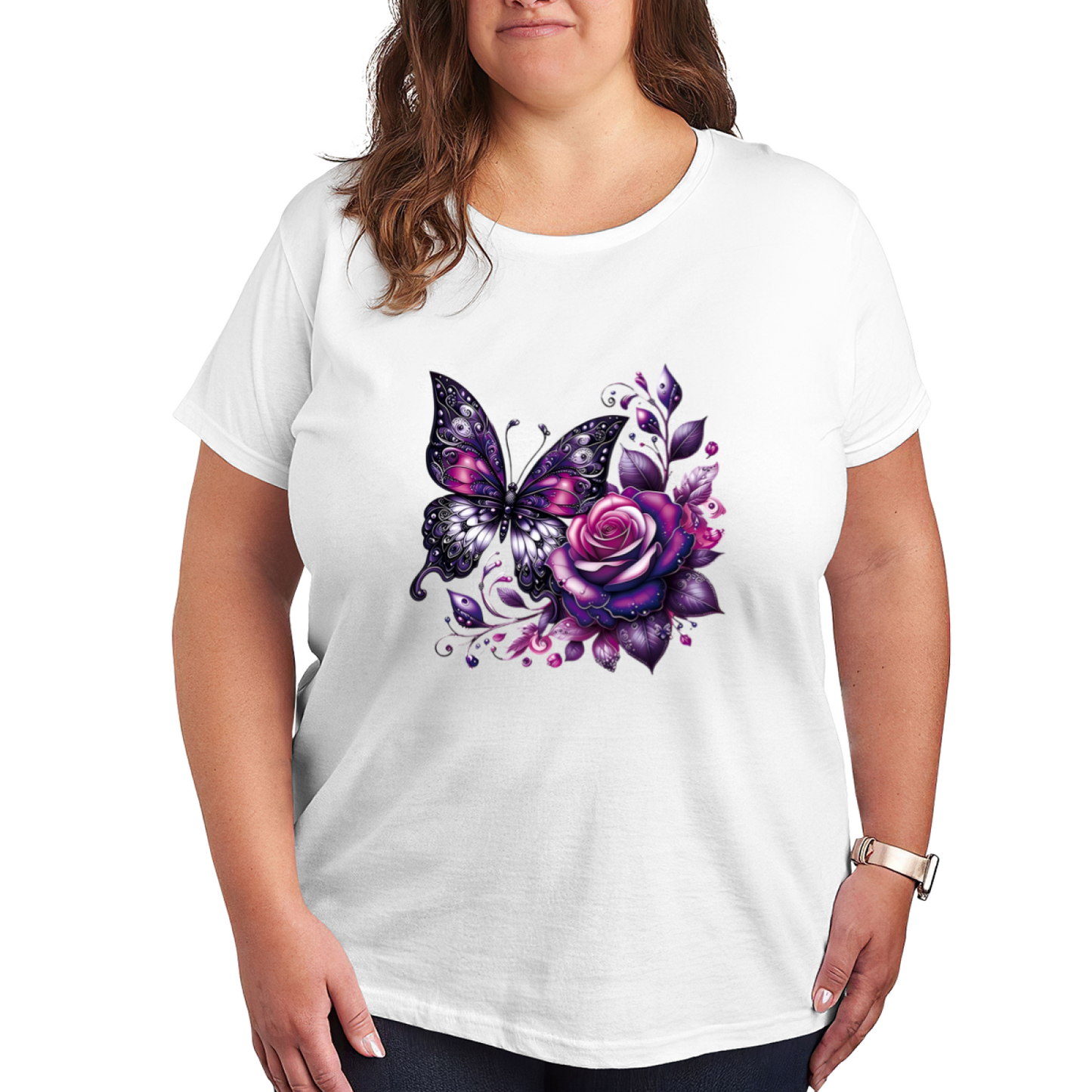 Gothic Purple Rose Butterfly Plus Size Women Tee