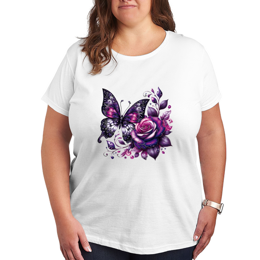 Gothic Purple Rose Butterfly Plus Size Women Tee