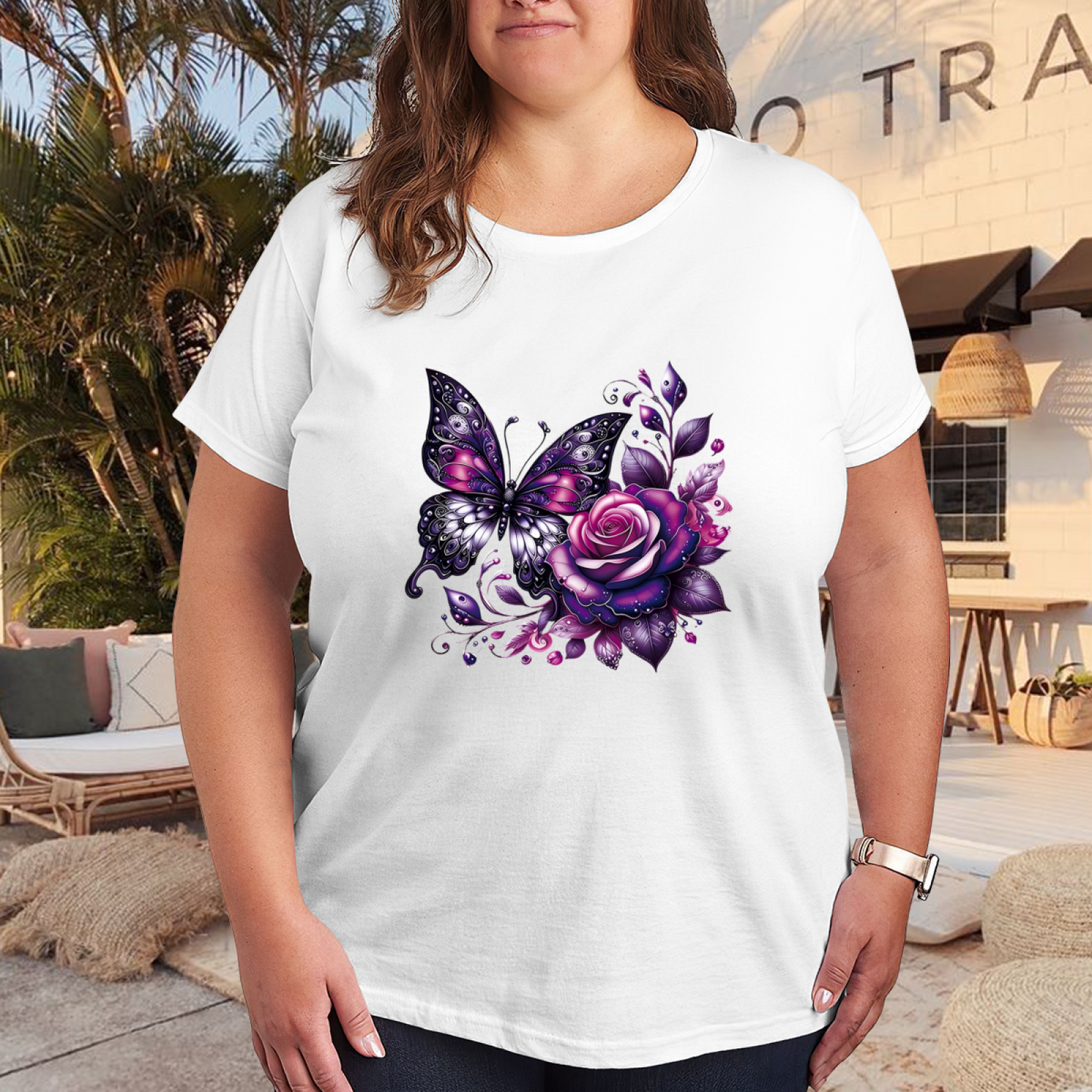 Gothic Purple Rose Butterfly Plus Size Women Tee