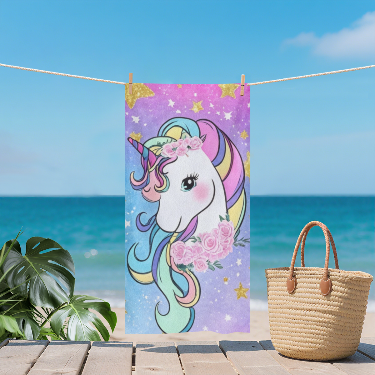Dreamy Star Unicorn Floral Beach Towel, Soft Fluffy, Skin-Friendly and Super Absorbent for Summer Travel