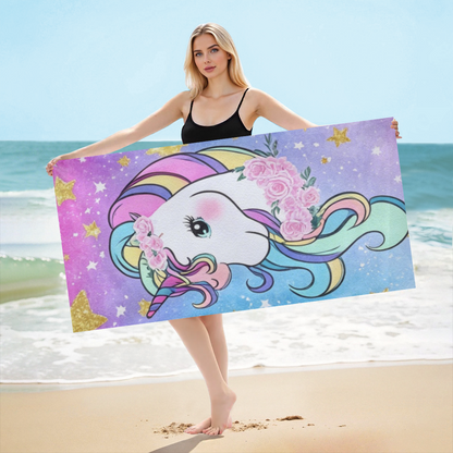 Dreamy Star Unicorn Floral Beach Towel, Soft Fluffy, Skin-Friendly and Super Absorbent for Summer Travel