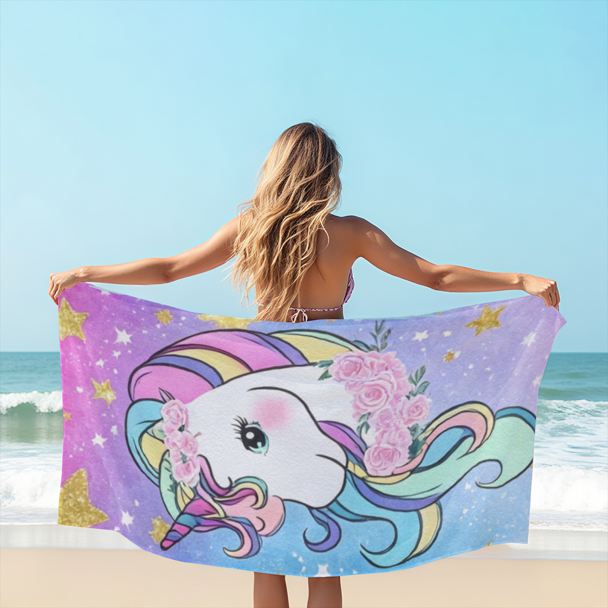 Dreamy Star Unicorn Floral Beach Towel, Soft Fluffy, Skin-Friendly and Super Absorbent for Summer Travel