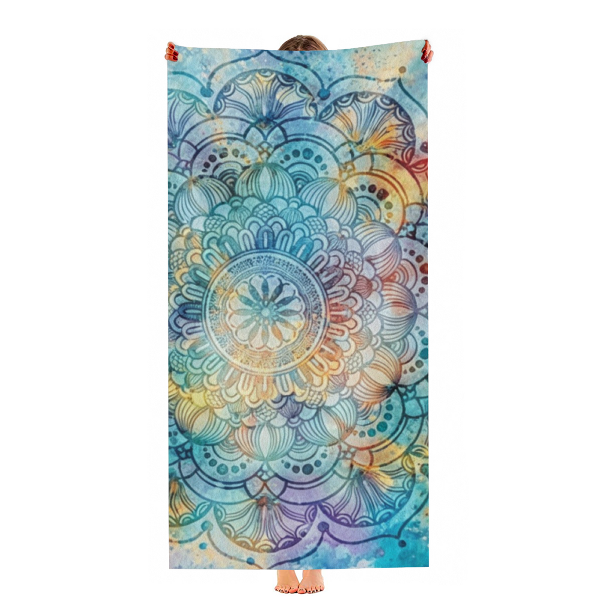 Watercolor Gradient Large Mandala Floral Beach Towel, Luxurious Soft & Highly Absorbent, Multiple Length Options for Calm, Cozy Yoga & Beach Time