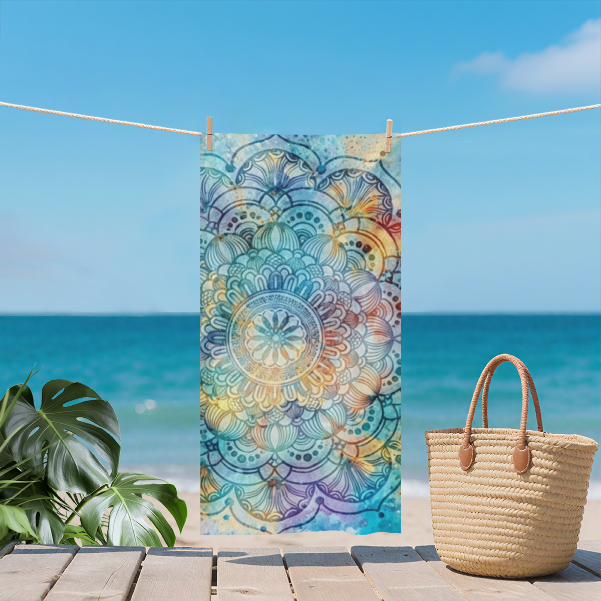 Watercolor Gradient Large Mandala Floral Beach Towel, Luxurious Soft & Highly Absorbent, Multiple Length Options for Calm, Cozy Yoga & Beach Time