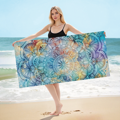 Watercolor Gradient Large Mandala Floral Beach Towel, Luxurious Soft & Highly Absorbent, Multiple Length Options for Calm, Cozy Yoga & Beach Time