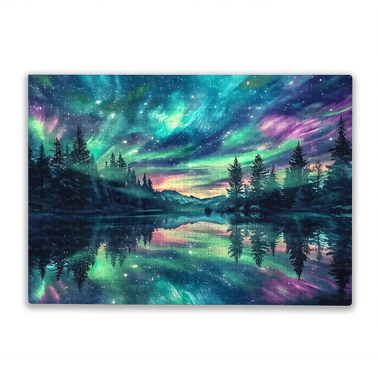 Magical Aurora Borealis Forest Lake Night Sky Puzzle