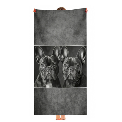 Vintage Black White French Bulldog Portrait Beach Towel, Silky Smooth Soft & Quick Dry Absorbent, All Sizes Available, Comfortable Cute Pet Lover Swim Towel