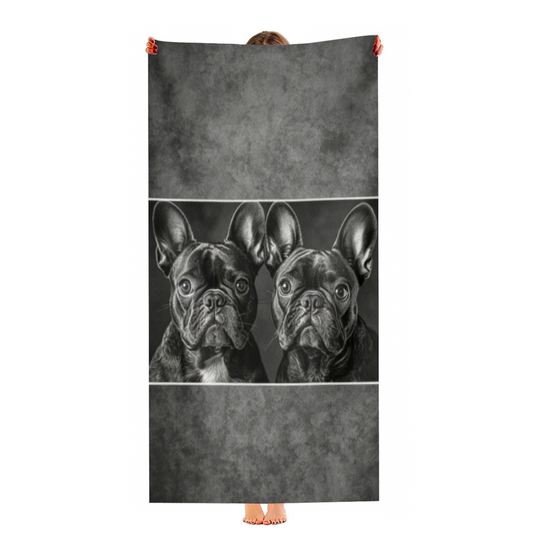 Vintage Black White French Bulldog Portrait Beach Towel, Silky Smooth Soft & Quick Dry Absorbent, All Sizes Available, Comfortable Cute Pet Lover Swim Towel