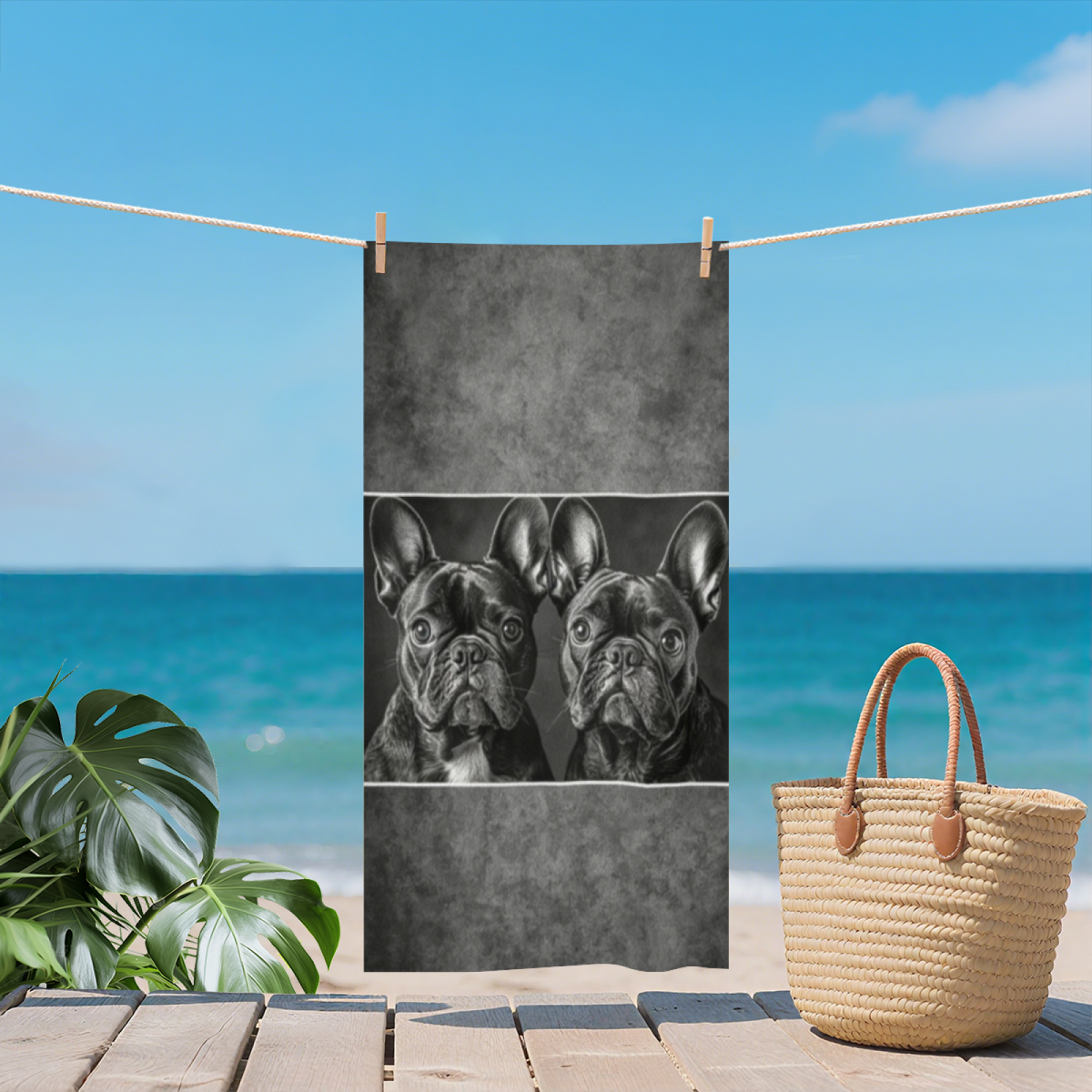 Vintage Black White French Bulldog Portrait Beach Towel, Silky Smooth Soft & Quick Dry Absorbent, All Sizes Available, Comfortable Cute Pet Lover Swim Towel