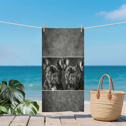 Vintage Black White French Bulldog Portrait Beach Towel, Silky Smooth Soft & Quick Dry Absorbent, All Sizes Available, Comfortable Cute Pet Lover Swim Towel