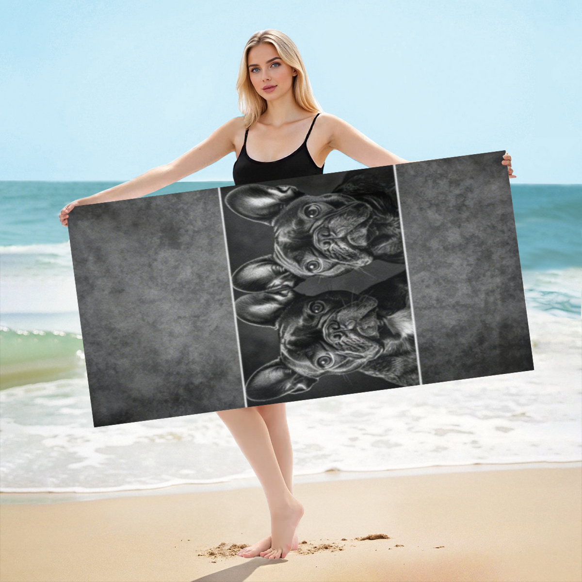 Vintage Black White French Bulldog Portrait Beach Towel, Silky Smooth Soft & Quick Dry Absorbent, All Sizes Available, Comfortable Cute Pet Lover Swim Towel
