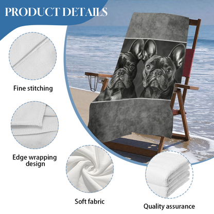 Vintage Black White French Bulldog Portrait Beach Towel, Silky Smooth Soft & Quick Dry Absorbent, All Sizes Available, Comfortable Cute Pet Lover Swim Towel
