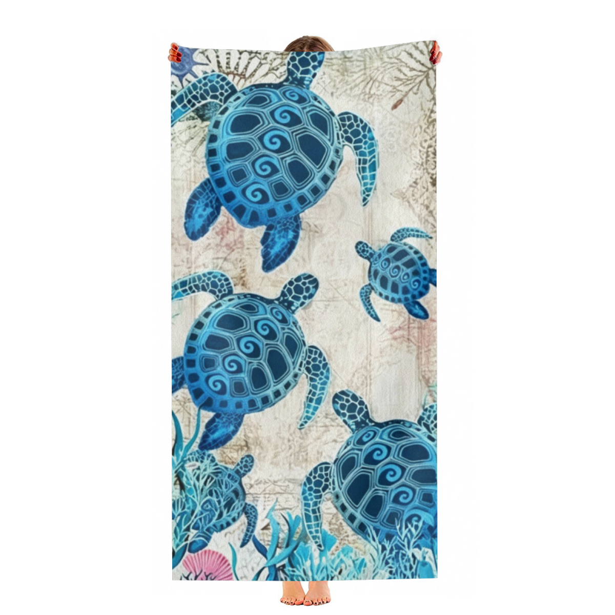 Vintage Blue Sea Turtle Pattern Beach Towel, Ultra Soft, Durable, Comfortable and Super Absorbent for Travel