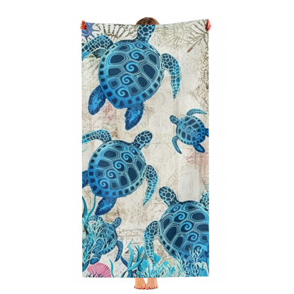 Vintage Blue Sea Turtle Pattern Beach Towel, Ultra Soft, Durable, Comfortable and Super Absorbent for Travel