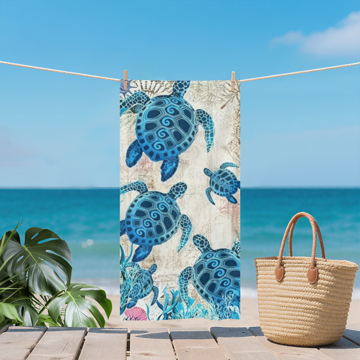 Vintage Blue Sea Turtle Pattern Beach Towel, Ultra Soft, Durable, Comfortable and Super Absorbent for Travel