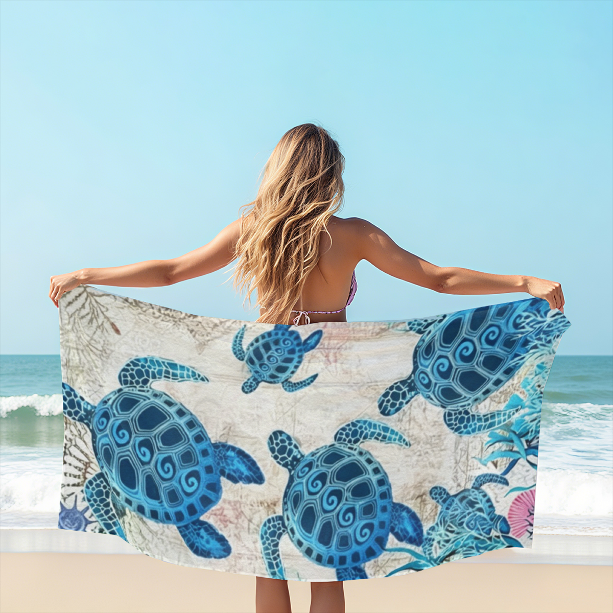 Vintage Blue Sea Turtle Pattern Beach Towel, Ultra Soft, Durable, Comfortable and Super Absorbent for Travel