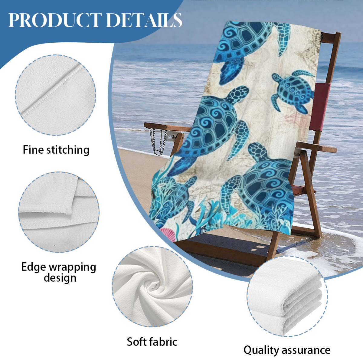 Vintage Blue Sea Turtle Pattern Beach Towel, Ultra Soft, Durable, Comfortable and Super Absorbent for Travel
