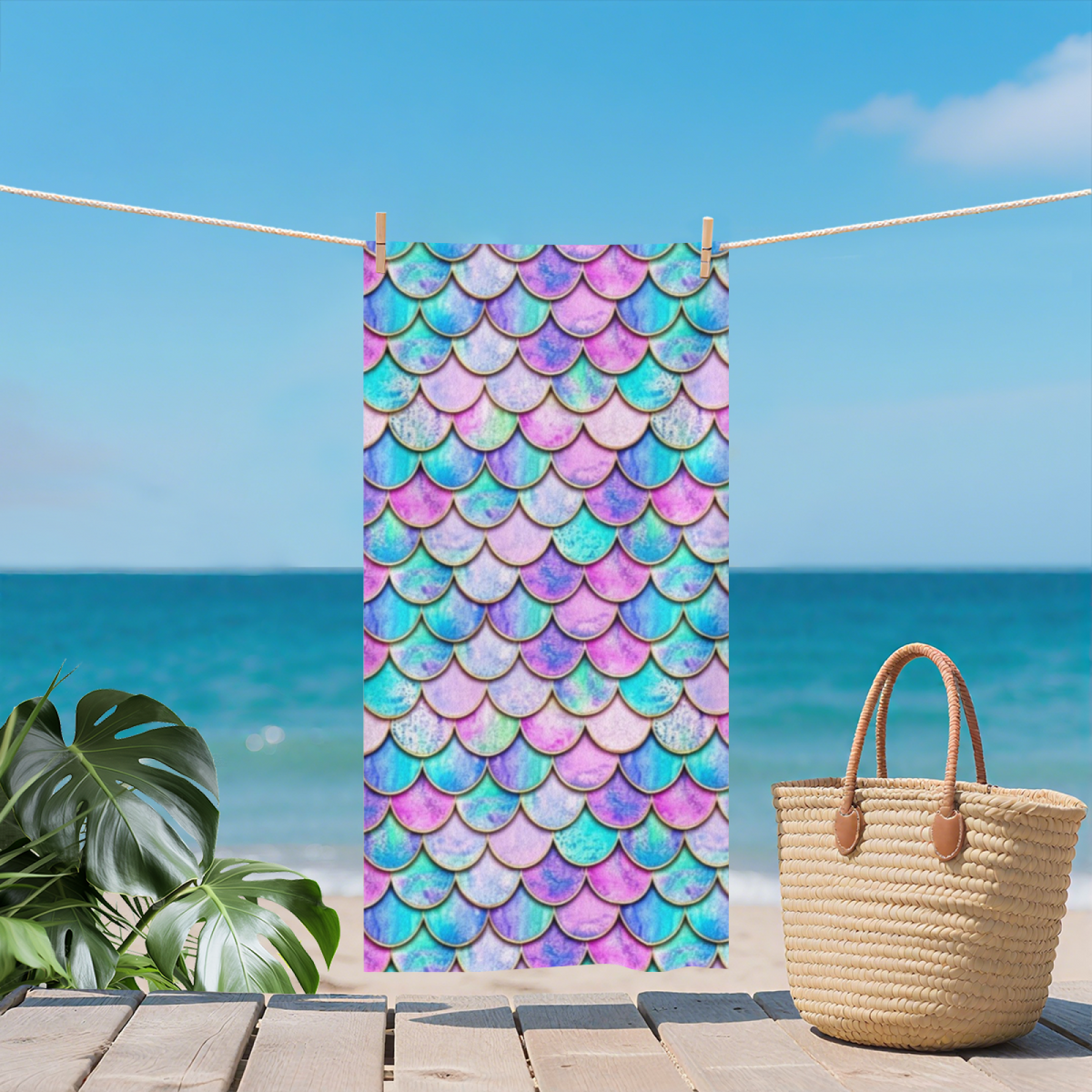 Holographic Mermaid Scale Iridescent Print Beach Towel, All Size Options, Cloud Soft, Instant Water Absorption & Ultra Comfy for Summer Holiday Outings