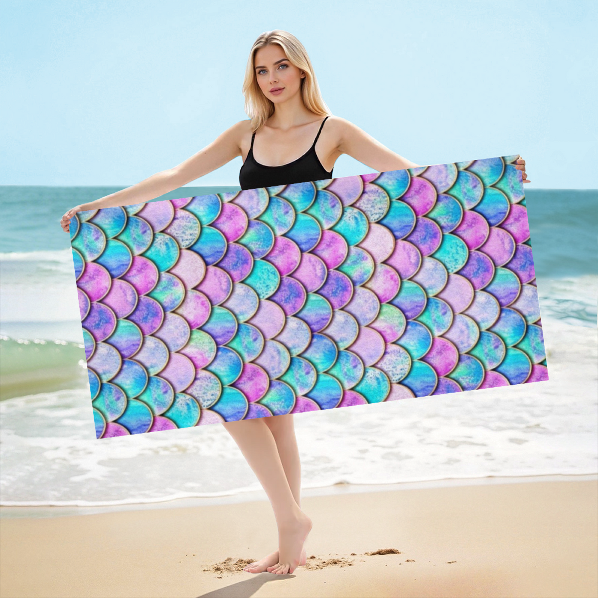 Holographic Mermaid Scale Iridescent Print Beach Towel, All Size Options, Cloud Soft, Instant Water Absorption & Ultra Comfy for Summer Holiday Outings