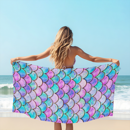 Holographic Mermaid Scale Iridescent Print Beach Towel, All Size Options, Cloud Soft, Instant Water Absorption & Ultra Comfy for Summer Holiday Outings