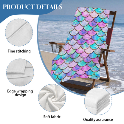 Holographic Mermaid Scale Iridescent Print Beach Towel, All Size Options, Cloud Soft, Instant Water Absorption & Ultra Comfy for Summer Holiday Outings