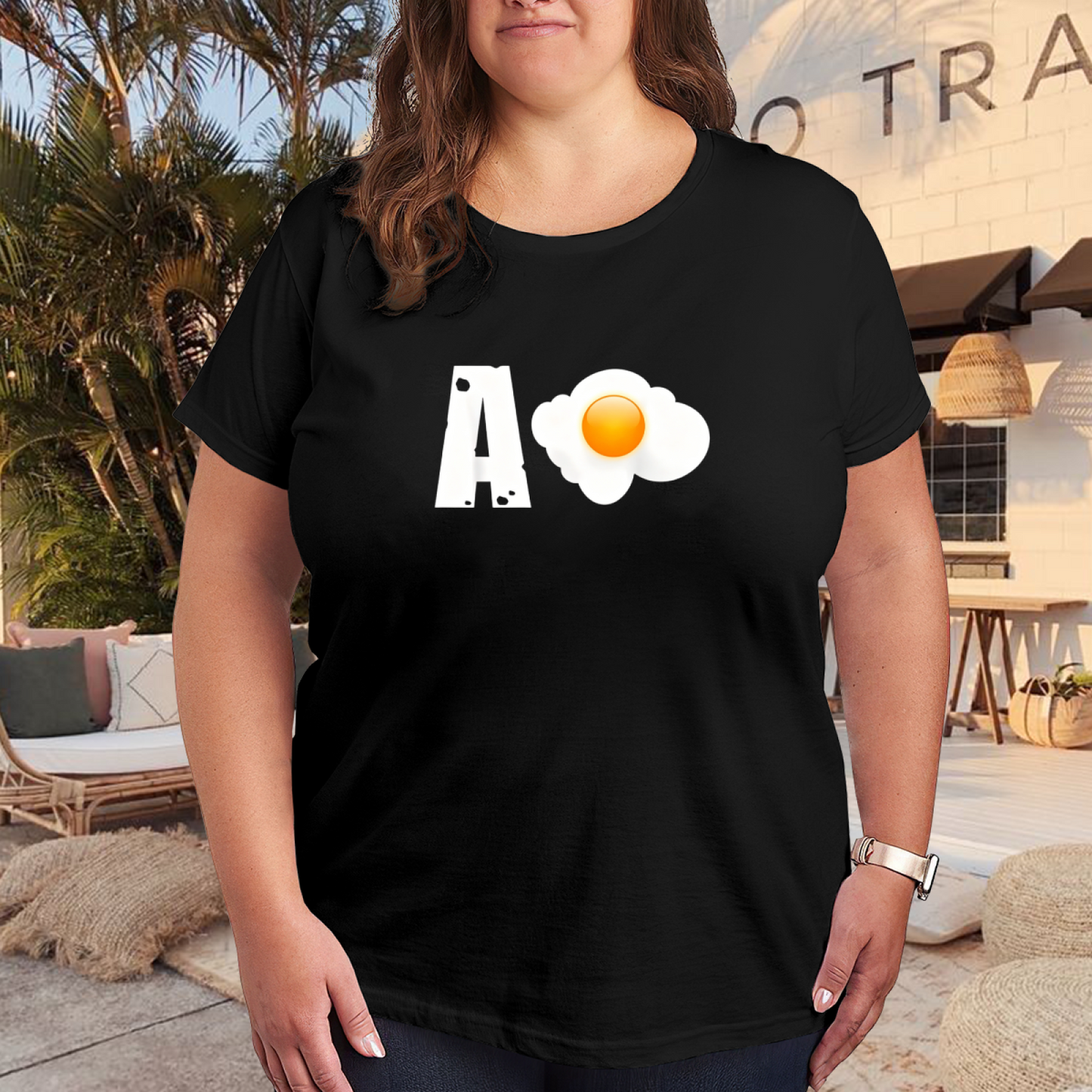 Funny Letter A Fried Egg Unique Humor Plus Size Women Printed T-Shirt