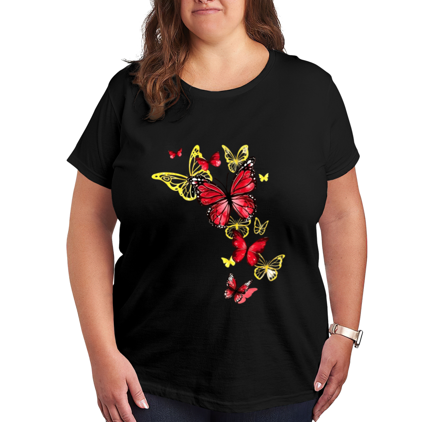 Stunning Red Golden Butterfly Cluster Fashion Plus Size Women Graphic Tee