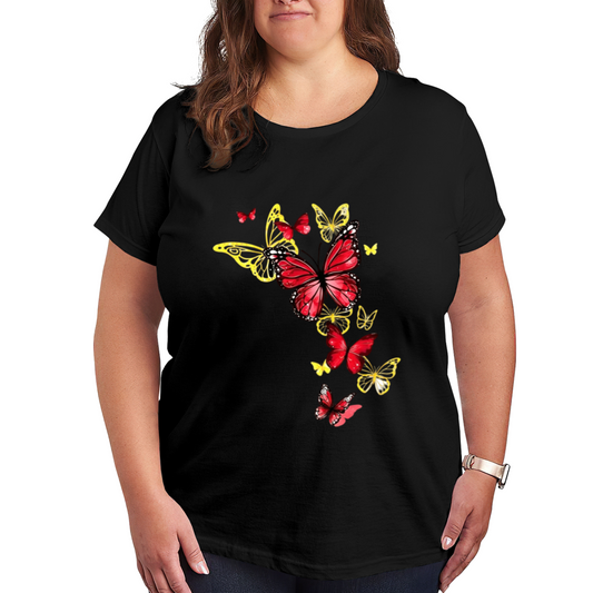 Stunning Red Golden Butterfly Cluster Fashion Plus Size Women Graphic Tee