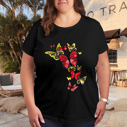 Stunning Red Golden Butterfly Cluster Fashion Plus Size Women Graphic Tee
