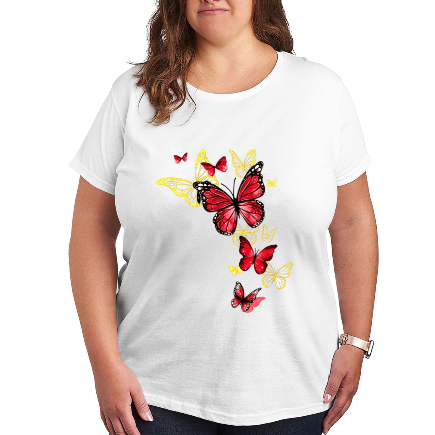Stunning Red Golden Butterfly Cluster Fashion Plus Size Women Graphic Tee